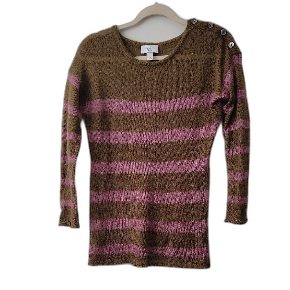 LOFT Olive and Lavender Mohair Blend Striped Sweater